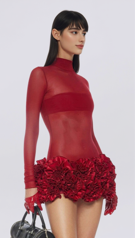 SAMANTHA POPPIES EMBELLISHED MINI DRESS IN RED