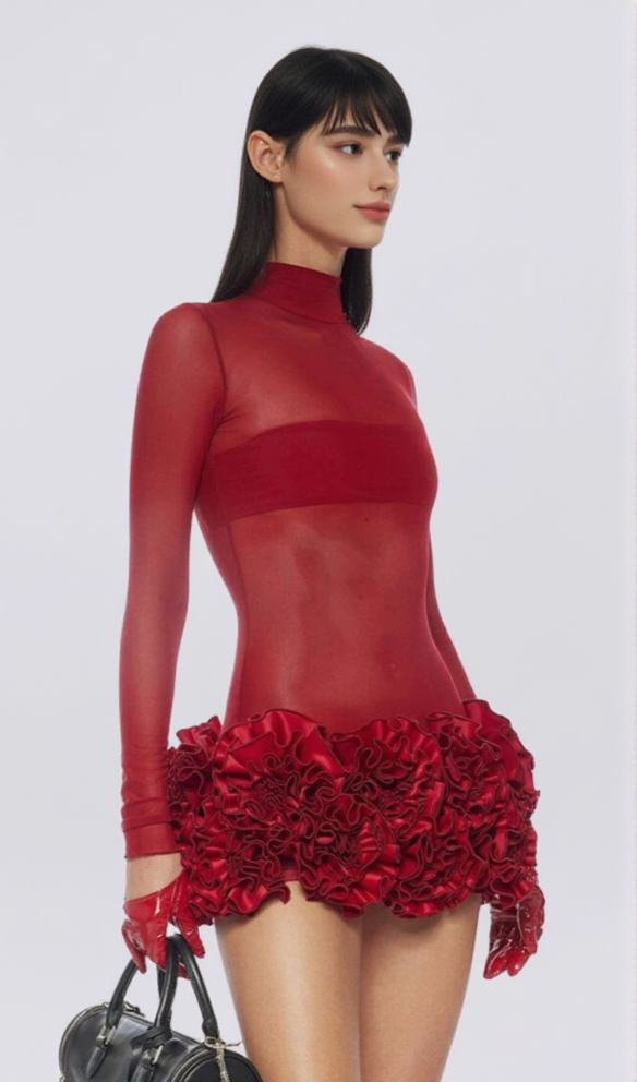 AIIZIE SAMANTHA POPPIES EMBELLISHED MINI DRESS IN RED - product image