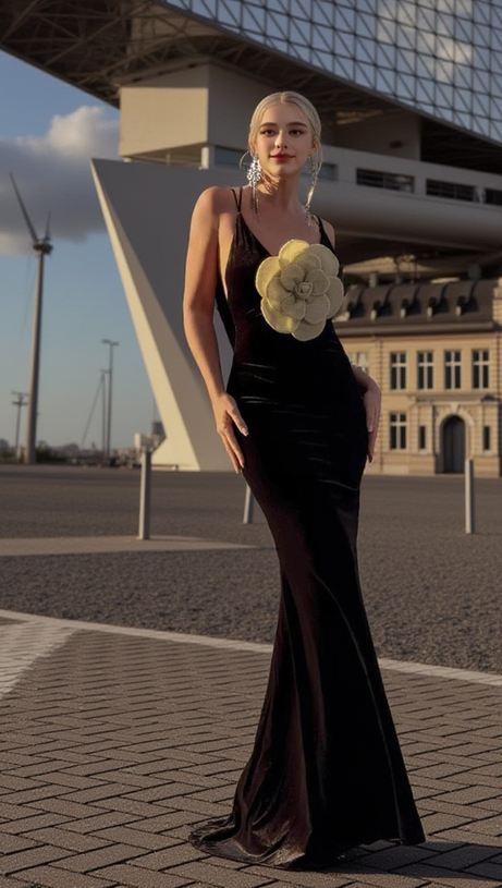 HARRIET GOLD 3D FLOWER BODYCON BLACK MAXI DRESS