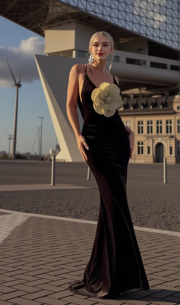 HARRIET GOLD 3D FLOWER BODYCON BLACK MAXI DRESS