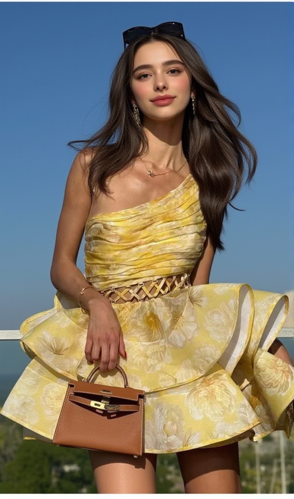 GAIL YELLOW FLORAL PRINTED ONE-SHOULDER MINI CHIFFON DRESS