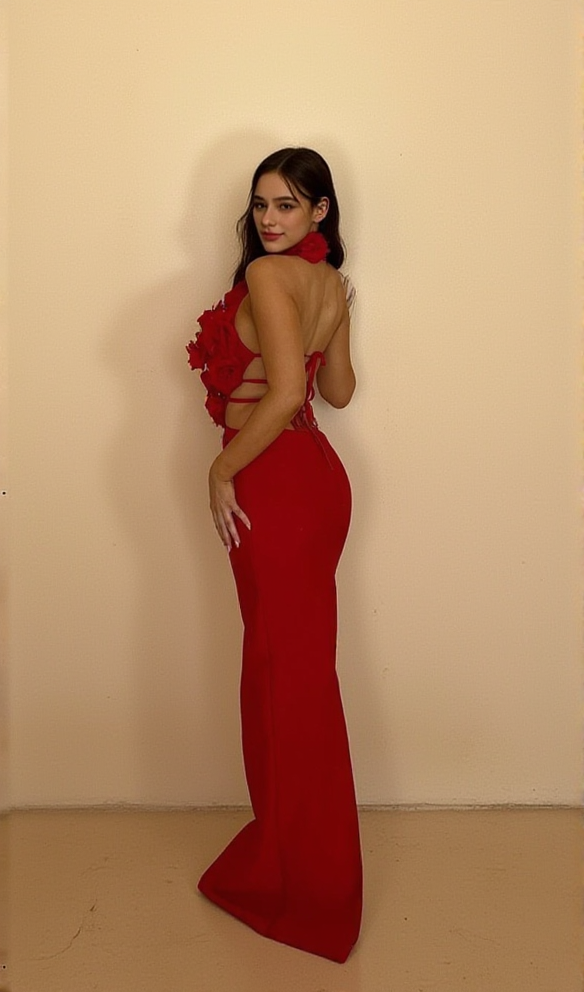 AIIZIE HALTER 3D FLOWER HOLLOW OUT BACKLESS MAXI DRESS IN RED - product image