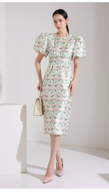 ABITO MIDI CON MANICHE A SBUFFO E STAMPA FLOREALE
