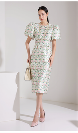 PUFF-SLEEVE FLORAL PRINTED MIDI DRESS