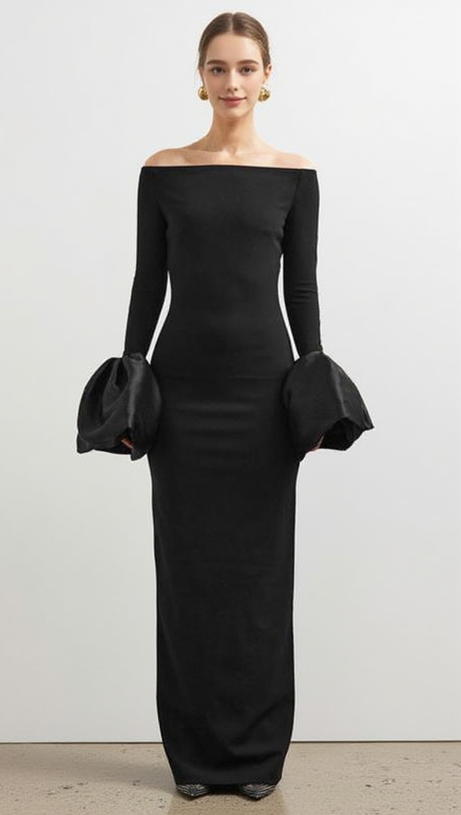 OLINDAN OFF SHOULDER MAXI DRESS IN BLACK