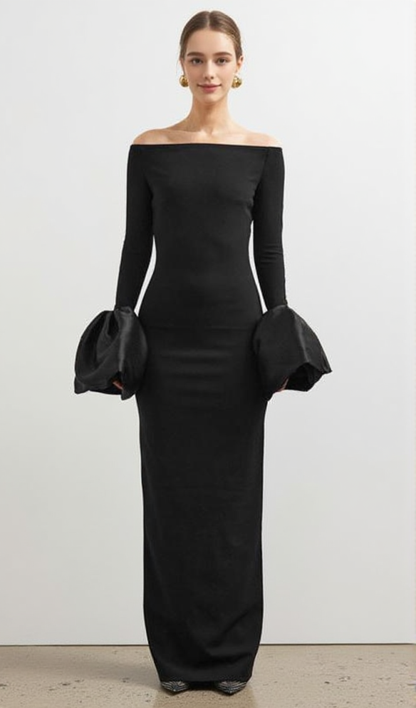 OLINDAN OFF SHOULDER MAXI DRESS IN BLACK