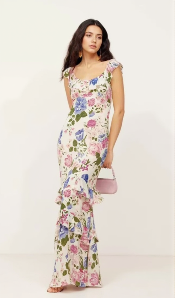 PRISCILLA MULTICOLOR OFF SHOULDER PRINT LAYERED MAXI DRESS