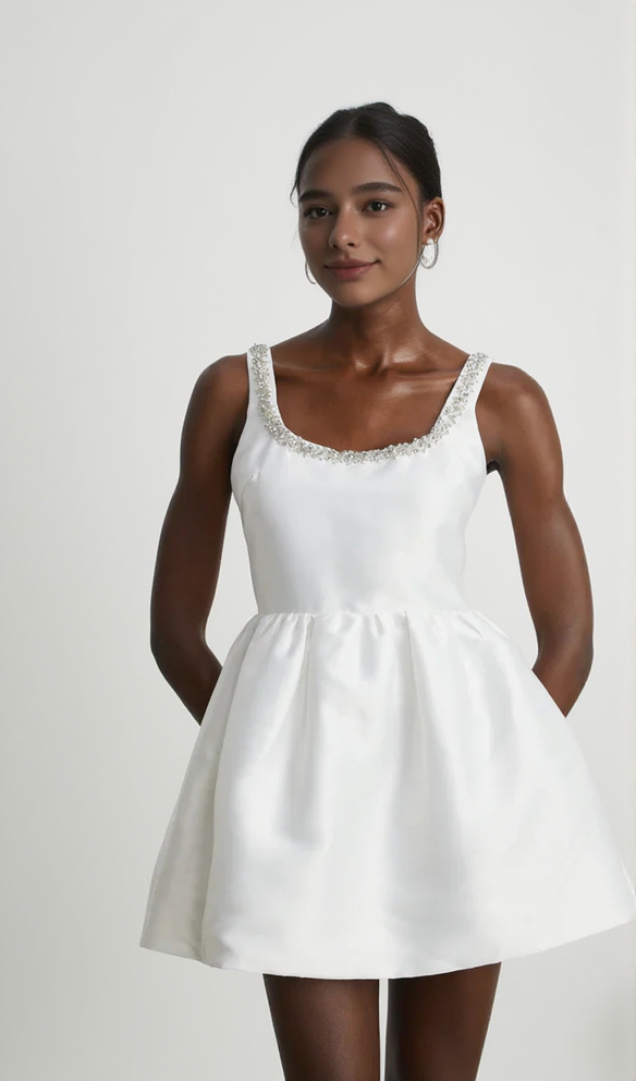 AIIZIE DOROTHY WHITE TAFFETA DIAMANTE MINI DRESS - product image