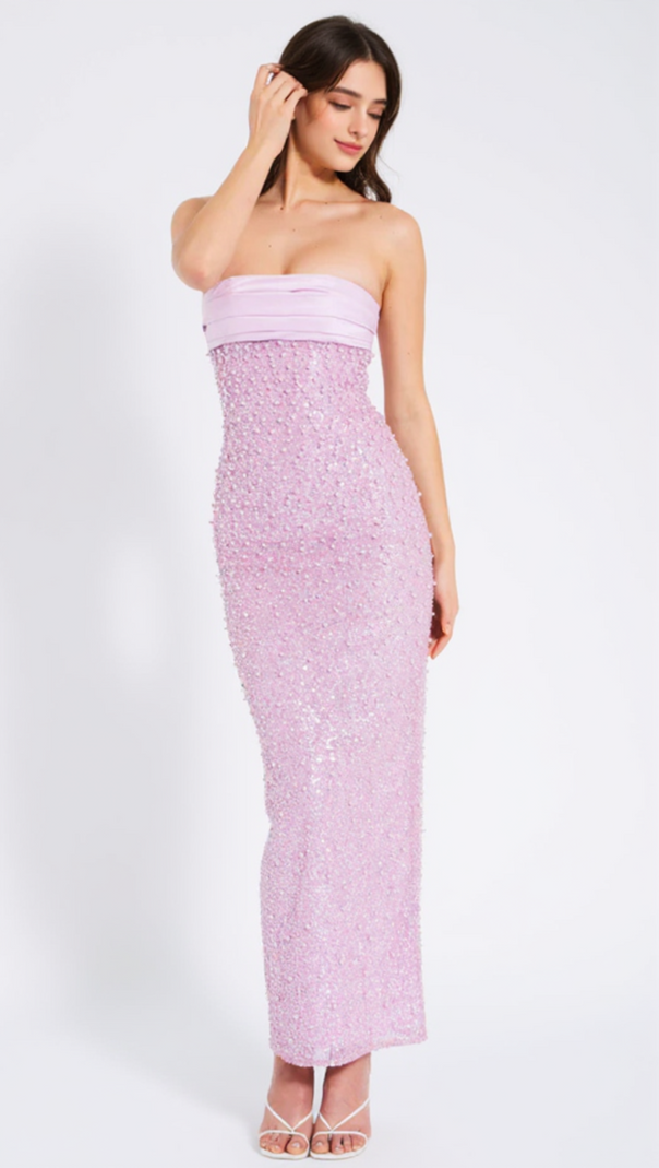 AIIZIE PINK SATIN SEQUIN PEARLS BEADED MAXI DRESS - product image