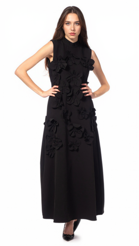ANNONA BLACK FLOWER EMBELLISHED MAXI DRESS