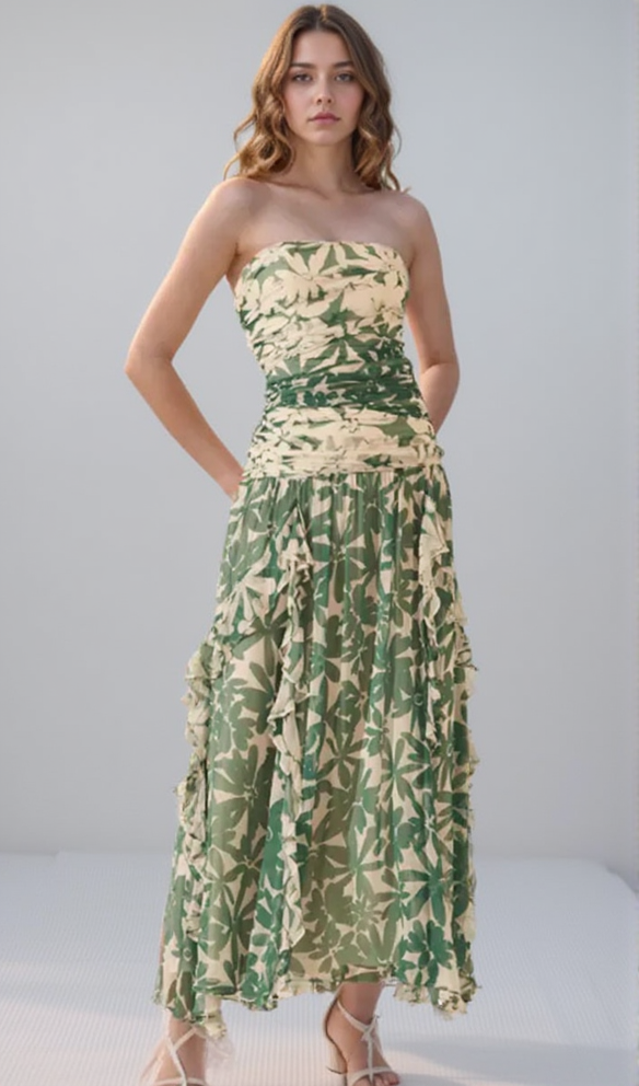 PRINT STRAPLESS CONTRAST MAXI DRESS IN GREEN