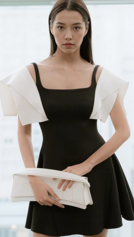 BARBARA BLACK SQUARE NECK MINI DRESS WITH WHITE SHOULDER
