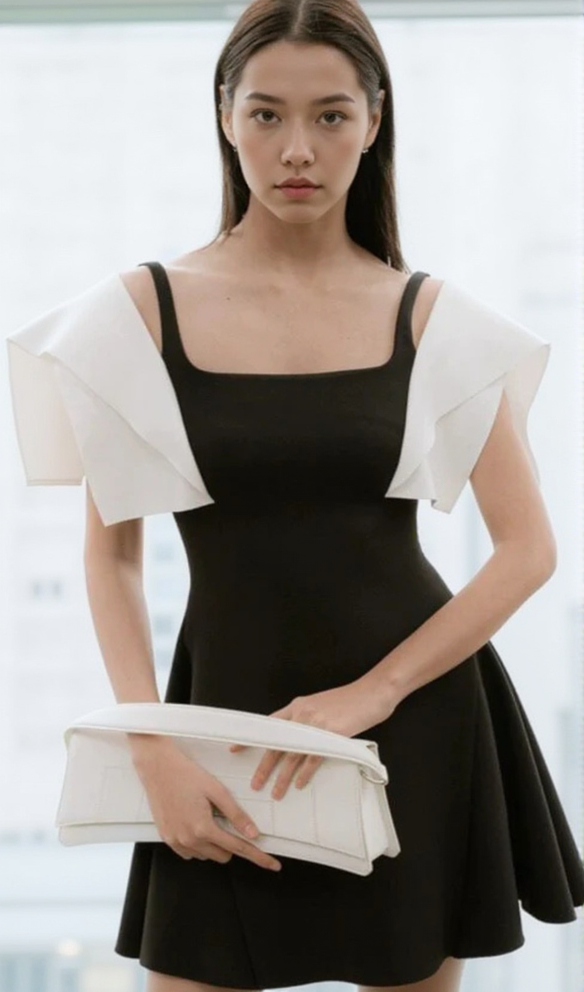 AIIZIE BARBARA BLACK SQUARE NECK MINI DRESS WITH WHITE SHOULDER - product image