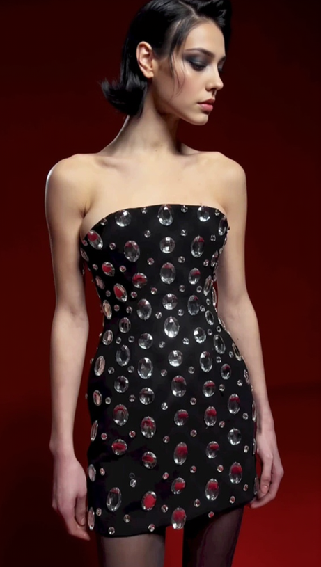 DAPHNE BLACK CRYSTAL EMBELLISHED STRAPLESS MINI DRESS
