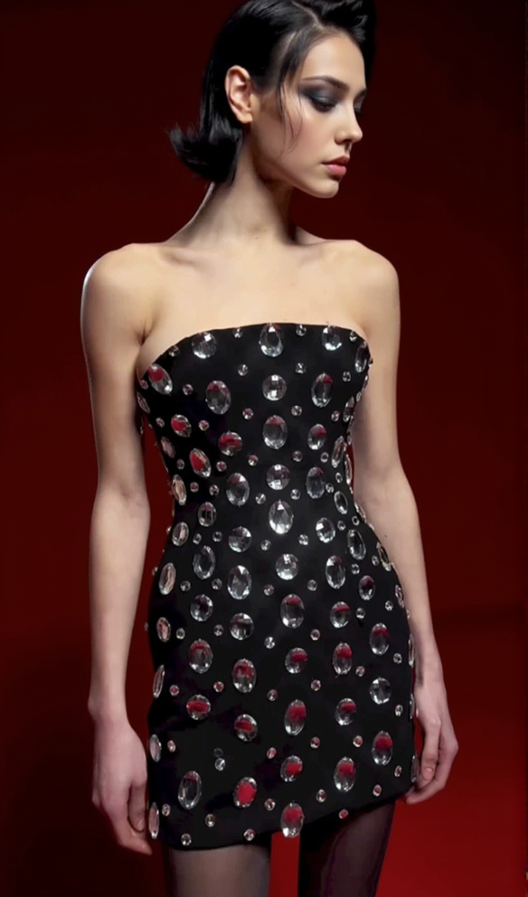 DAPHNE BLACK CRYSTAL EMBELLISHED STRAPLESS MINI DRESS