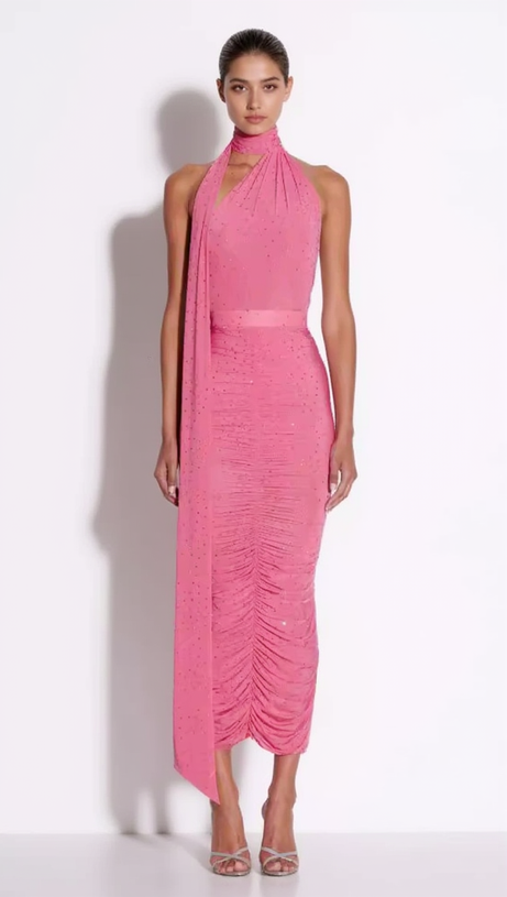 FREDERICA GARNET ROSE RUCHED SKIRT IN CRYSTAL JERSEY