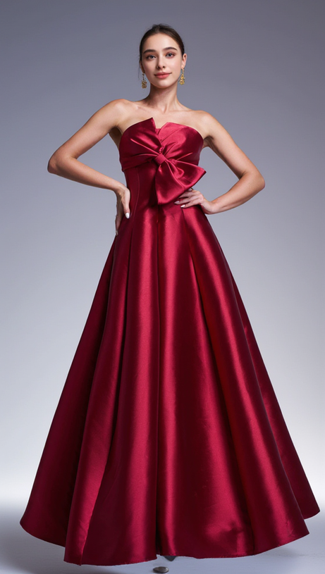 BOW SATIN MAXI DRESS IN BURGUNDY