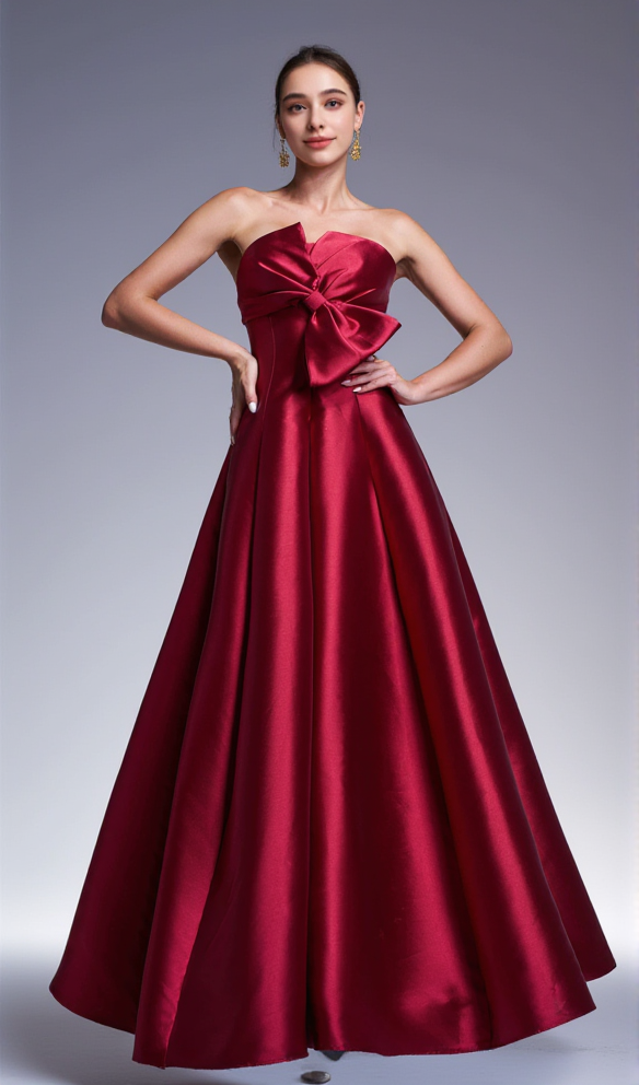 AIIZIE BOW SATIN MAXI DRESS IN BURGUNDY - product image