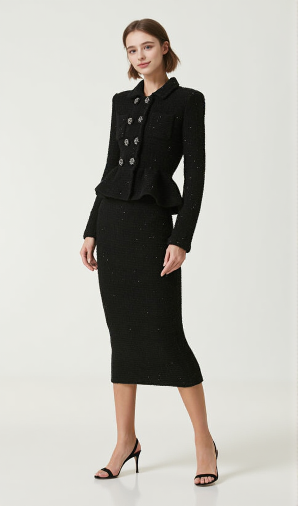 AIIZIE BLACK TEXTURED KNIT PEPLUM MIDI DRESS - product image