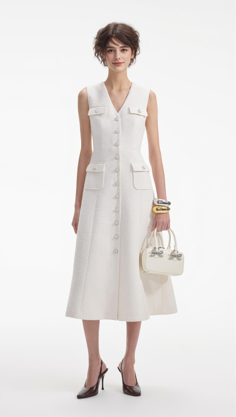 CREAM TINSEL BOUCLE BUTTONED MIDI DRESS