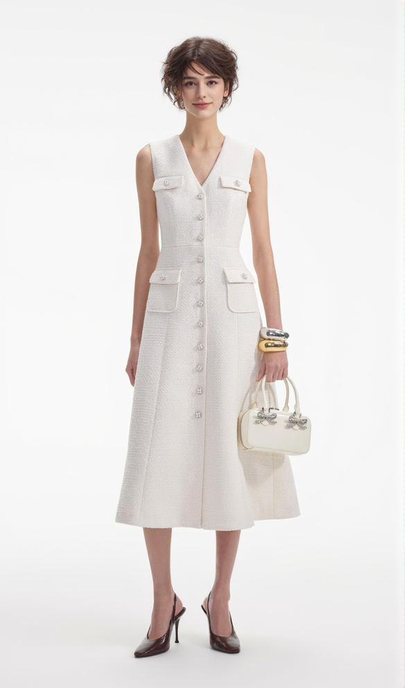 CREAM TINSEL BOUCLE BUTTONED MIDI DRESS