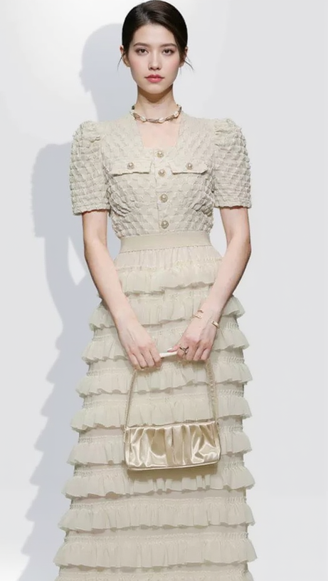 CHARLOTTE APRICOT PUFF SLEEVE RUFFLES CHIFFON MIDI DRESS