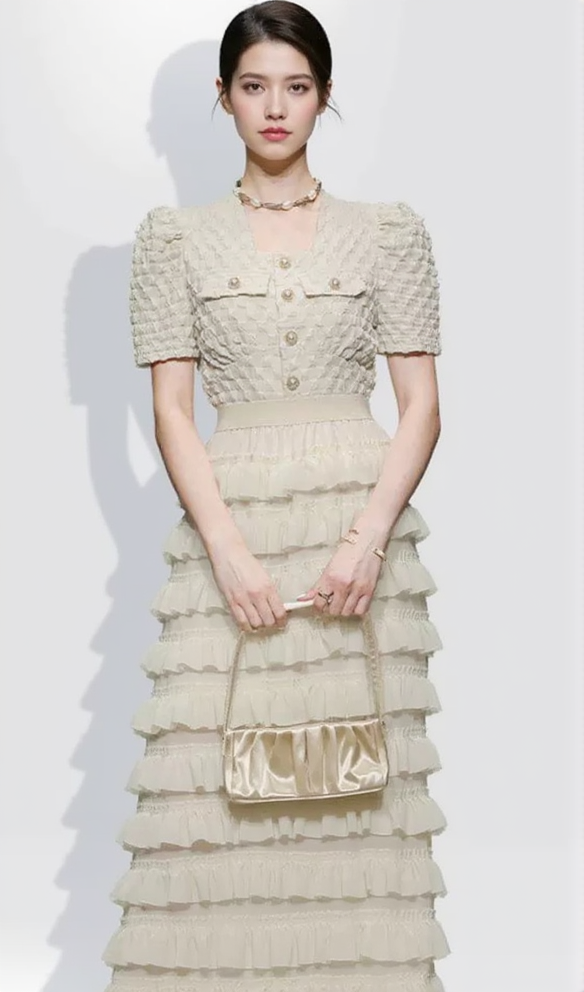 CHARLOTTE APRICOT PUFF SLEEVE RUFFLES CHIFFON MIDI DRESS