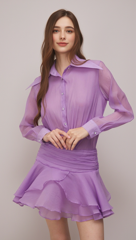 EMBER RUCHED RUFFLE MINI DRESS IN PURPLE