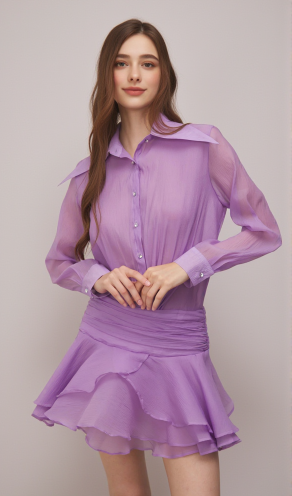 EMBER RUCHED RUFFLE MINI DRESS IN PURPLE