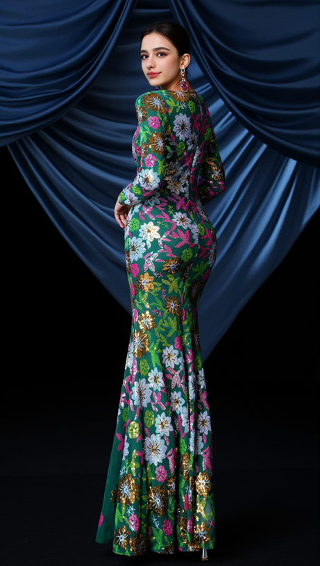 SEQUIN ROUND NECK LONG SLEEVE MAXI DRESS IN GREEN