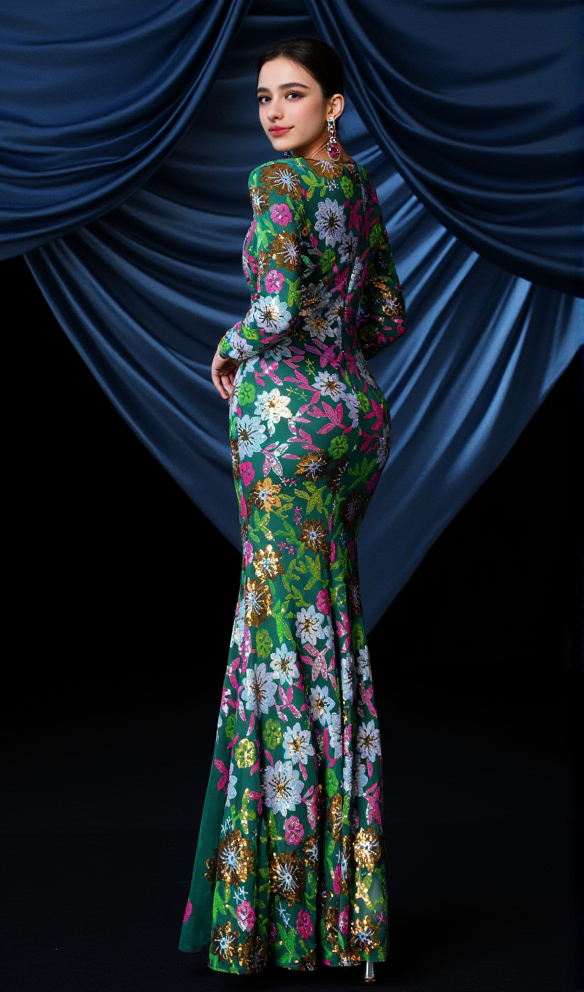 AIIZIE SEQUIN ROUND NECK LONG SLEEVE MAXI DRESS IN GREEN - product image