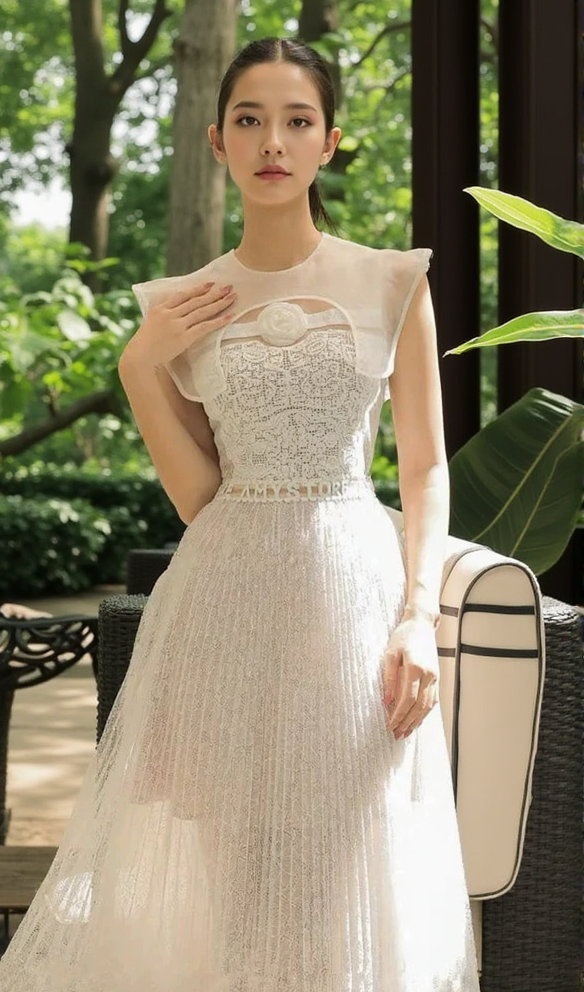 AIIZIE CREW NECK PLAIN PLEATED FLOWER LACE MIDI DRESS - product image