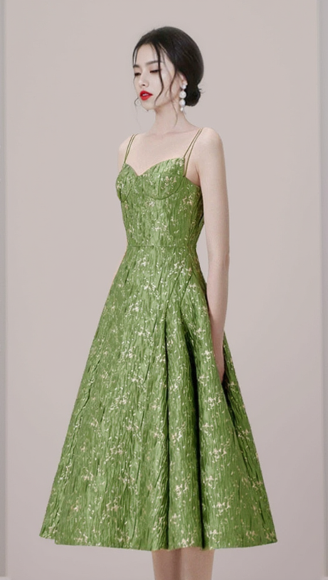 VINTAGE GREEN SUSPENDER JACQUARD MIDI DRESS