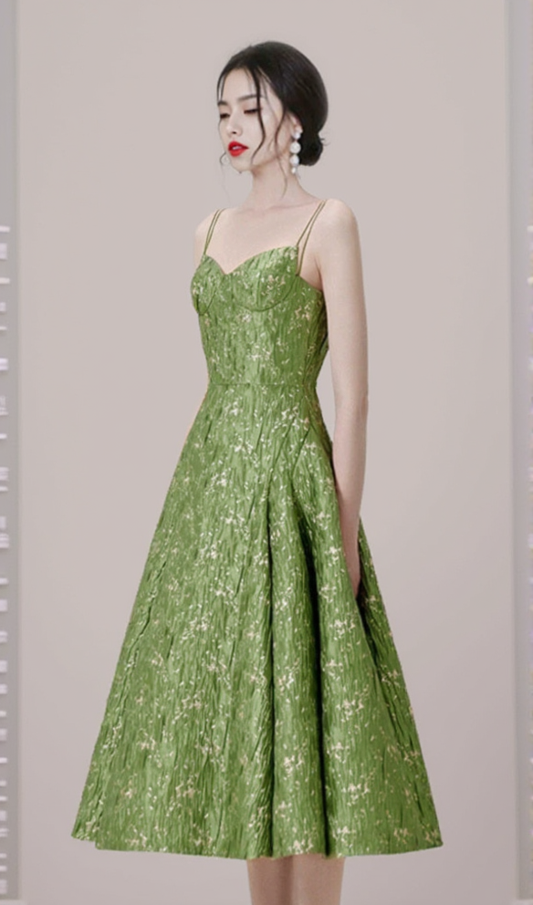 VINTAGE GREEN SUSPENDER JACQUARD MIDI DRESS