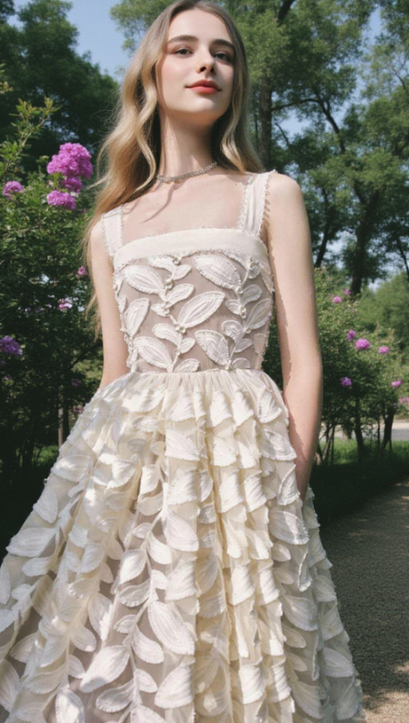 FAE A-LINE SQUARE NECK LACE MIDI DRESS IN CREAM WHITE