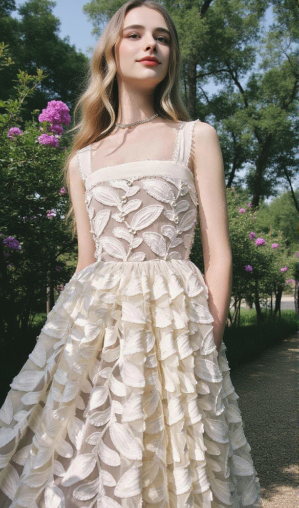 FAE A-LINE SQUARE NECK LACE MIDI DRESS IN CREAM WHITE