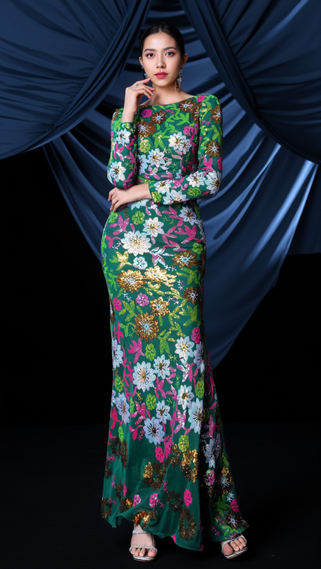 AALIYAH – Rundhalskleid mit Blumenmuster und Pailletten in Grün