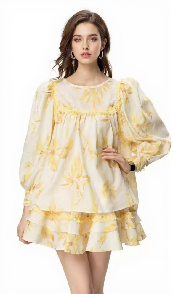 AIIZIE MABEL LAYER TRIM PRINT LANTERN SLEEVE MINI DRESS IN YELLOW - product image