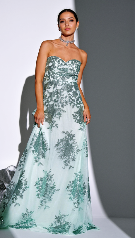 DINAH STRAPLESS SEQUIN A-LINE MAXI DRESS IN GREEN