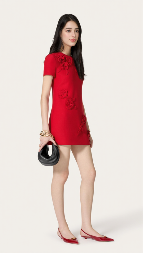 SELENA EMBROIDERED CREPE COUTURE MINI DRESS IN RED
