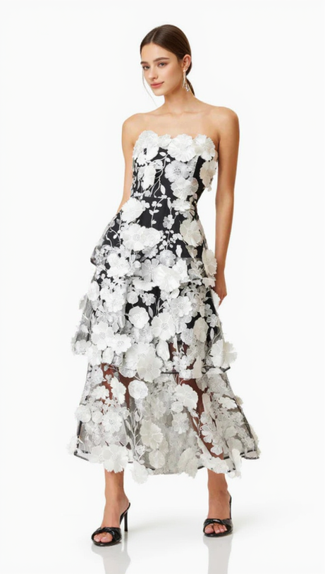 SELENE 3D FLOWER TIERED MAXI DRESS IN BLACK