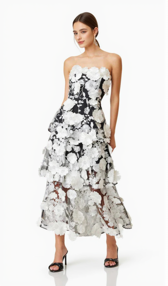 AIIZIE SELENE 3D FLOWER TIERED MAXI DRESS IN BLACK - product image