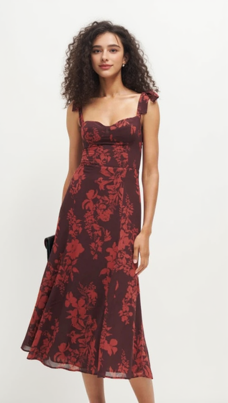 FLORAL PRINT BOWKNOT STRAP MIDI DRESS IN BURGUNDY