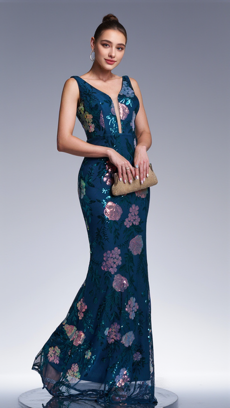 SLEEVELESS SEQUIN PRINT MAXI DRESS IN DARK GREEN