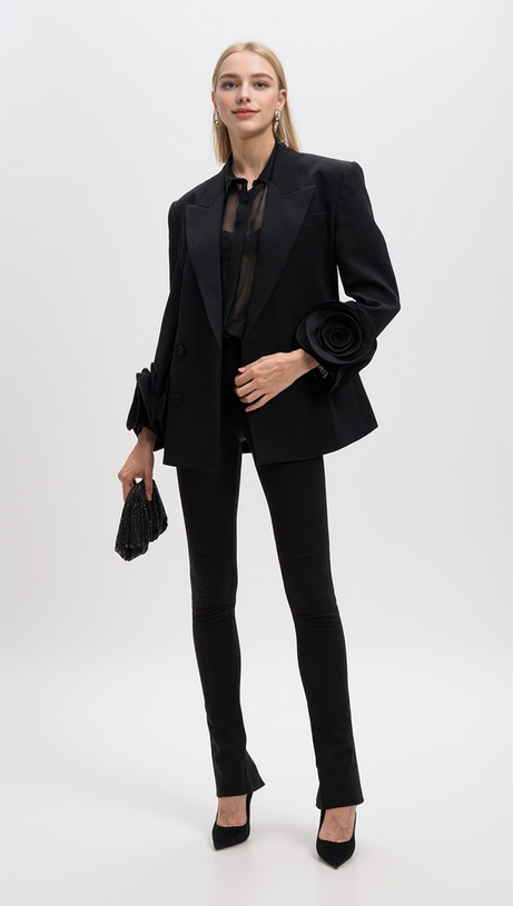 BELLA BLACK DOUBLE-BREASTED WOOL JACKET WITH FLORAL APPLIQUÉ