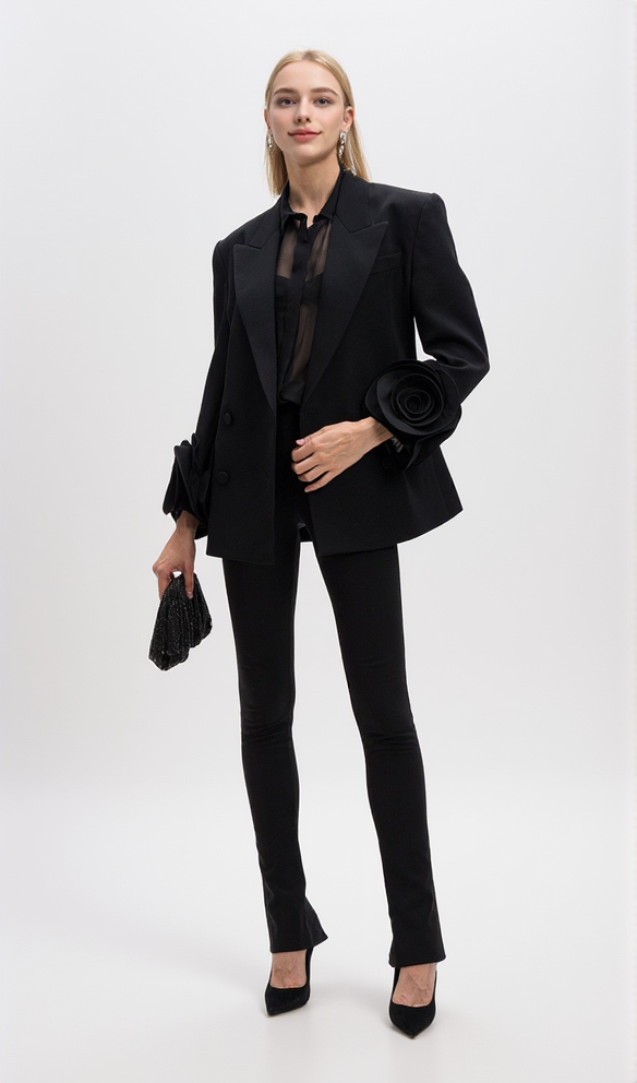 AIIZIE BELLA BLACK DOUBLE-BREASTED WOOL JACKET WITH FLORAL APPLIQUÉ - product image