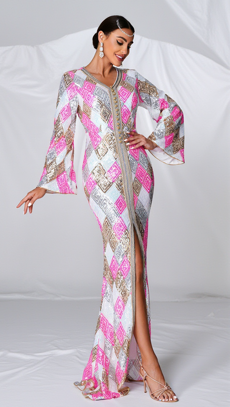 GEOMETRIC PATTERNS PRINT MAXI DRESS IN PINK