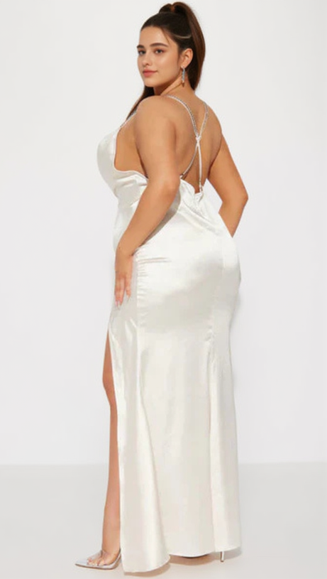 ISABELLA FEATHER TRIM SATIN GOWN IN CREAM