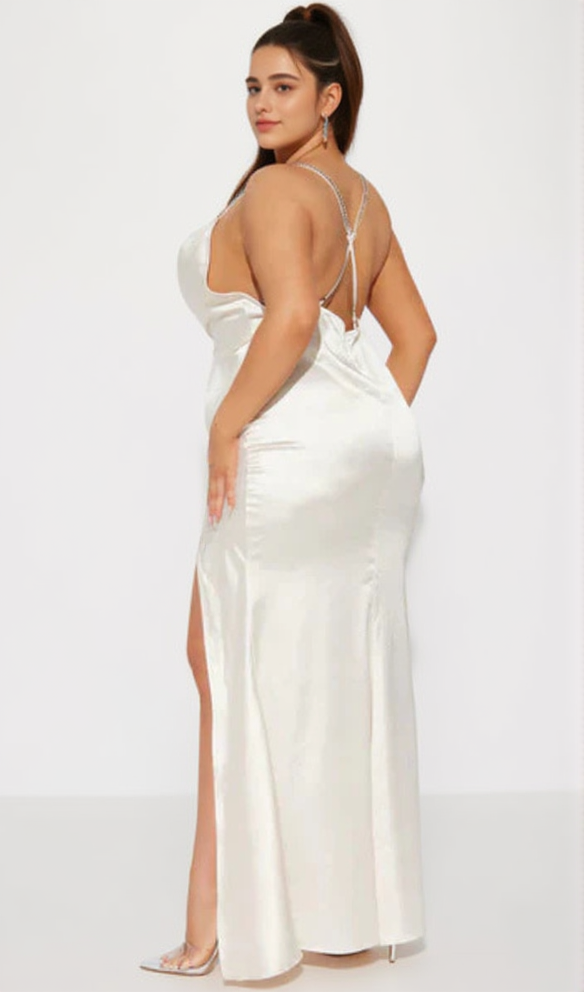 AIIZIE ISABELLA FEATHER TRIM SATIN GOWN IN CREAM - product image