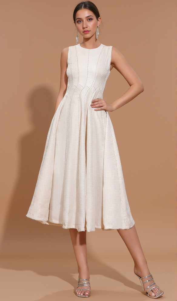 ASTRID SLEEVELESS PLEATED MIDI DRESS IN BEIGE
